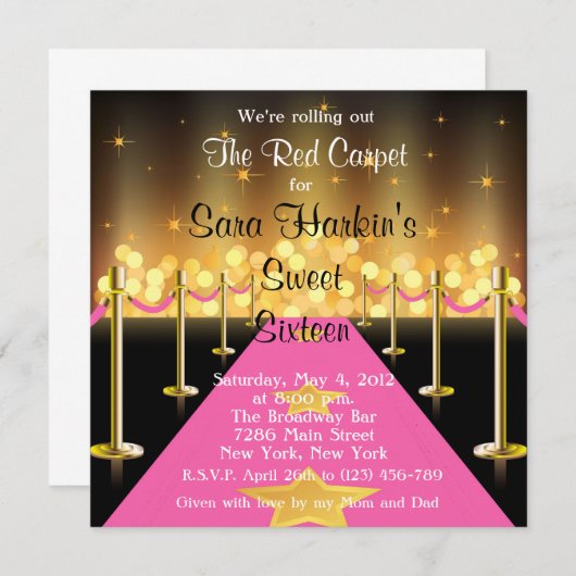 赤いですかピンクのカーペットのハリウッドの菓子16の招待 招待状 (正面/裏面)