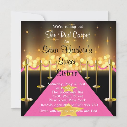 赤いですかピンクのカーペットのハリウッドの菓子16の招待 招待状 (正面)