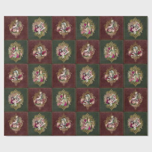 赤いですか緑の不思議の国のキャラクターのアリス及び金ゴールド ラッピングペーパー (フラット)