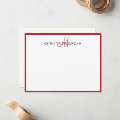 赤いのシンプル小説的モノグラム名 ノートカード (正面/裏面インサイチュ)