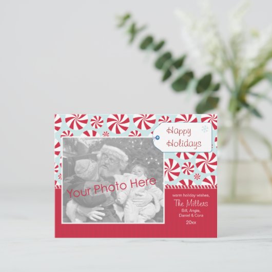 赤いはっか菓子およびパーソナライズな青い休日 シーズンポストカード (スタンド正面)