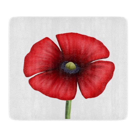 赤いはっきりしたケシの花ガラスの切り板 カッティングボード (正面)