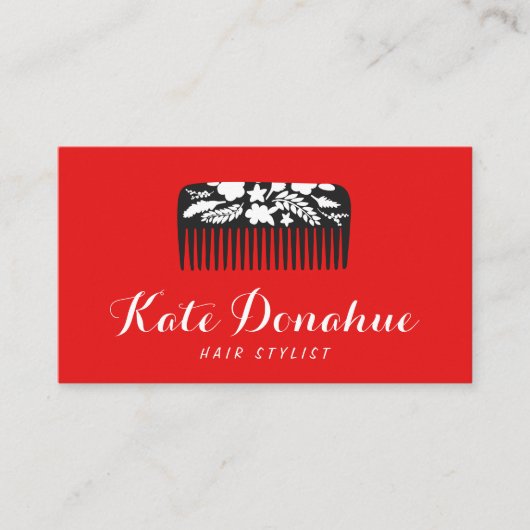 赤いはっきりしたヘアスタイリストフローラコームのヘアサロン 名刺 (正面)