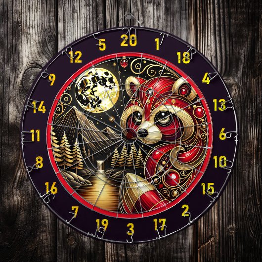 赤いはっきりしたラクーンが光る素朴チャーム ダーツボード