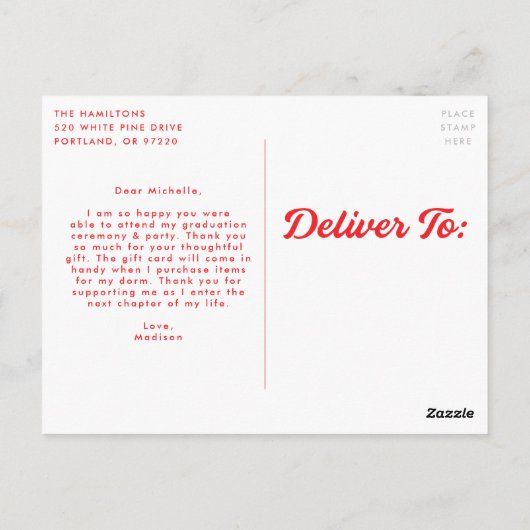 赤いはっきりした台本の写真卒業ありがとう ポストカード (裏面)