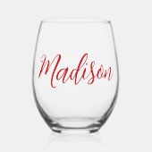 赤いはっきりした名前の手書きスクリプカスタムト ステムなしワイングラス (正面)