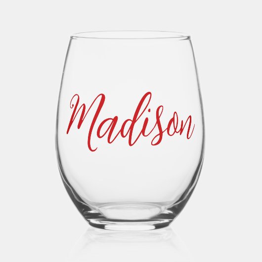 赤いはっきりした名前の手書きスクリプカスタムト ステムなしワイングラス (正面)