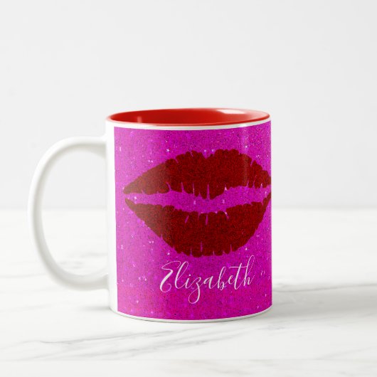 赤いはっきりした唇オンホットピンクグリッター名前をカスタムするラブ ツートーンマグカップ (左)