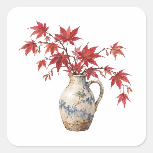 赤いもみじの葉と花瓶 スクエアシール (正面)