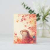 赤いもみじの葉に佇む秋のカワウソ ポストカード (スタンド正面)