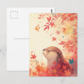 赤いもみじの葉に佇む秋のカワウソ ポストカード (正面/裏面)