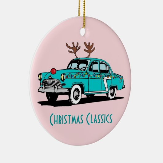 赤いゆっくり進られたトナカイクラシックな車のクリスマスのオーナメント セラミックオーナメント (右)