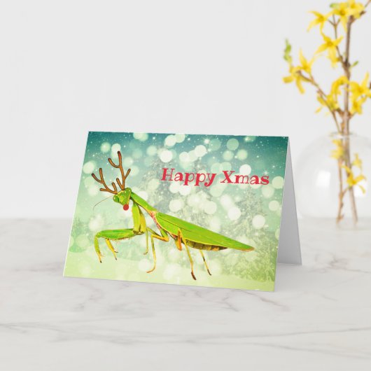 赤いゆっくり進られた祈るカマキリのカスタムなクリスマスカード カード (黄色い花)