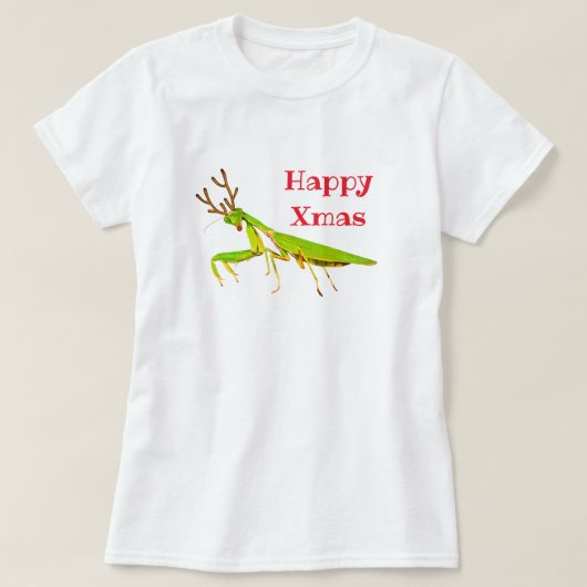 赤いゆっくり進られた祈るカマキリのクリスマスのTシャツ Tシャツ (デザイン正面)
