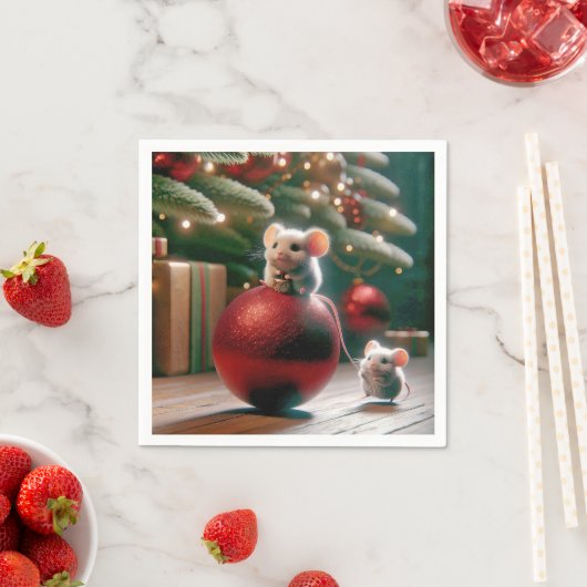 赤いよくはしゃぐクリスマスの飾り付けマウス スタンダードカクテルナプキン (インサイチュ)