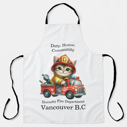赤いよくはしゃぐトラックに乗った子猫の消防士 エプロン (正面)