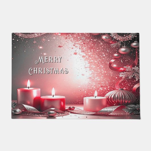 赤いろうそく装飾 クリスマス ホリデー 玄関マット (正面)