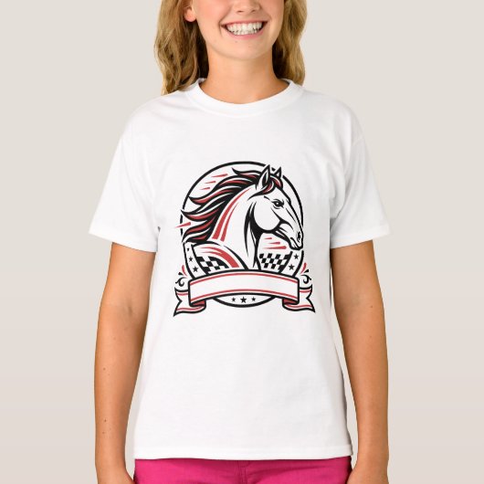 赤いアクセントが付いた競馬馬のTシャツ Tシャツ (正面)