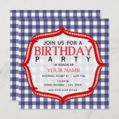赤いアクセントのブルーギンガム - 誕生日パーティーの招待状 招待状 (正面/裏面)
