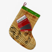 赤いアコーディオン、黒いメモ、金ゴールド背景 ラージクリスマスストッキング (正面 (吊り時))