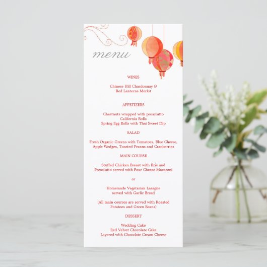 赤いアジアランタン白いウェディングレセプションメニュー メニュー (スタンド正面)