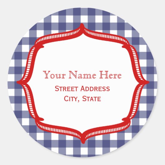 赤いアドレスのステッカー付き青いギンガム ラウンドシール (正面)