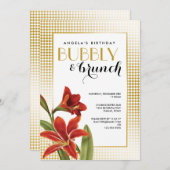 赤いアマリリスの花がチェック金ゴールド 招待状 (正面/裏面)