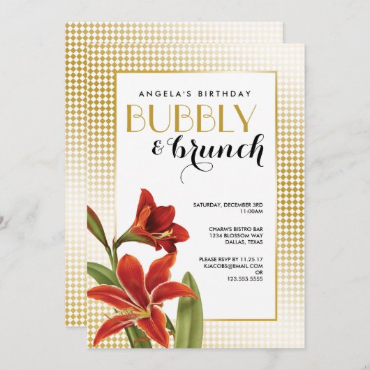 赤いアマリリスの花がチェック金ゴールド 招待状 (正面/裏面)