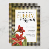 赤いアマリリス花のゴールドチェック 招待状 (正面/裏面)