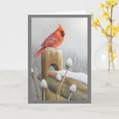 赤いアメリカカーディナルの鳥のフェンス上の水彩画 カード (黄色い花)