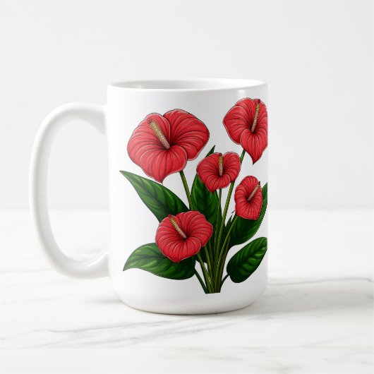 赤いアンスリウムの花と緑の葉 コーヒーマグカップ (左)