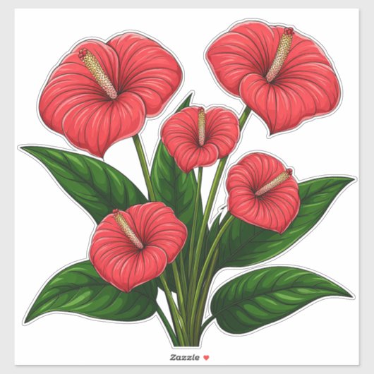 赤いアンスリウムの花と緑の葉 シール (シート)