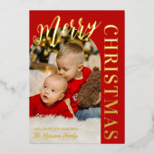 赤いアーチ形フォトメリークリスマスゴールド箔 箔シーズンカード (正面)