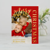 赤いアーチ形フォトメリークリスマスゴールド箔 箔シーズンカード (立ち正面)