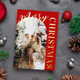 赤いアーチ形フォトメリークリスマスゴールド箔 箔シーズンカード