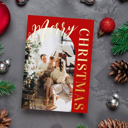 赤いアーチ形フォトメリークリスマスゴールド箔 箔シーズンカード