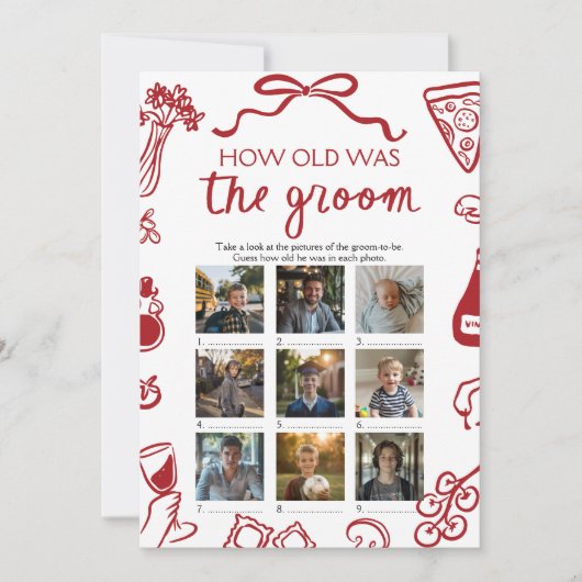 赤いイタリアの手描き　花婿は何歳？ゲーム 招待状 (正面)
