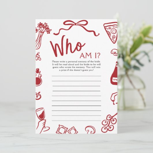 赤いイタリアンハンドドロー誰が私のブライダルシャワーゲーム 招待状 (スタンド正面)