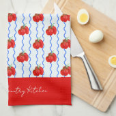 赤いイタリアンプラムトマトと青い波のストライプ付き キッチンタオル (四つ折り)