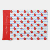 赤いイタリアンプラムトマトと青い波のストライプ付き キッチンタオル (横)