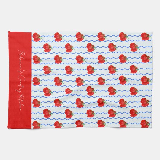 赤いイタリアンプラムトマトと青い波のストライプ付き キッチンタオル (横)