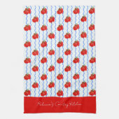 赤いイタリアンプラムトマトと青い波のストライプ付き キッチンタオル (縦)