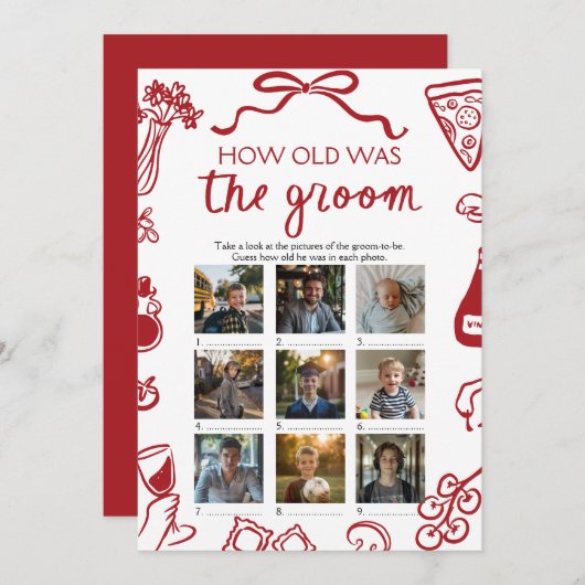 赤いイタリアン手が新郎の試合の年を描いた 招待状 (正面/裏面)