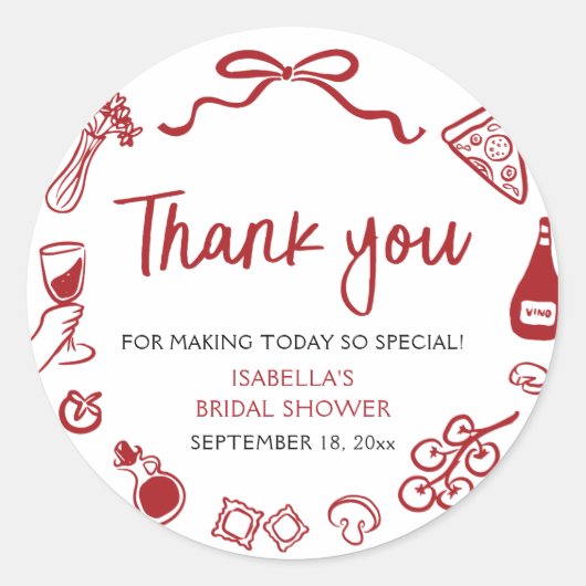 赤いイタリアン ハンドドローンピザ パスタ ブライダルシャワー ラウンドシール (正面)