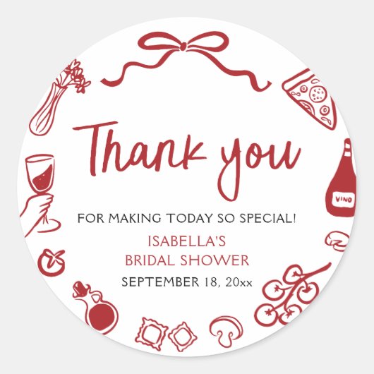 赤いイタリアン ハンドドローンピザ パスタ ブライダルシャワー ラウンドシール (正面)