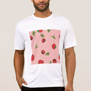 赤いイチゴとチェリーの柄 ピンクのフルーツ Tシャツ