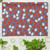 赤いイチゴとネイビー/白のバスケット織り背景 キッチンタオル (折り畳み)