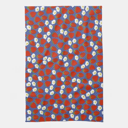 赤いイチゴとネイビー/白のバスケット織り背景 キッチンタオル (縦)