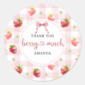 赤いイチゴとピンクの格子模様の「ベリーありがとう」 ラウンドシール (正面)