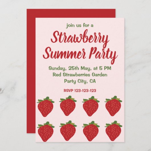 赤いイチゴのフルーツイチゴの夏のパーティー 招待状 (正面/裏面)